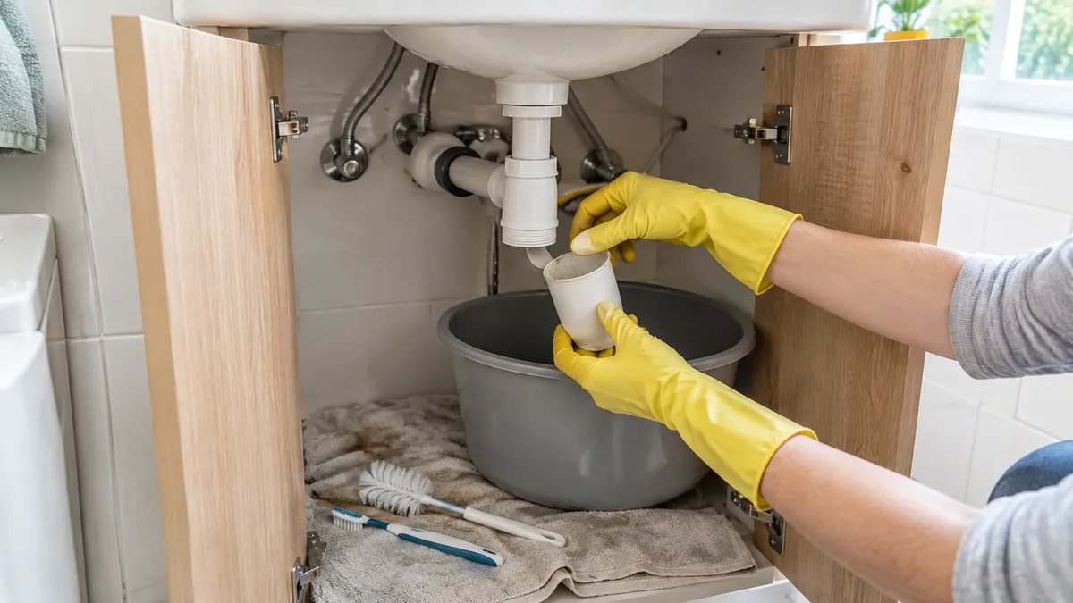 Hände in Handschuhen halten den abgeschraubten Becher eines Kunststoffsiphons über einen Eimer unter dem Waschbecken