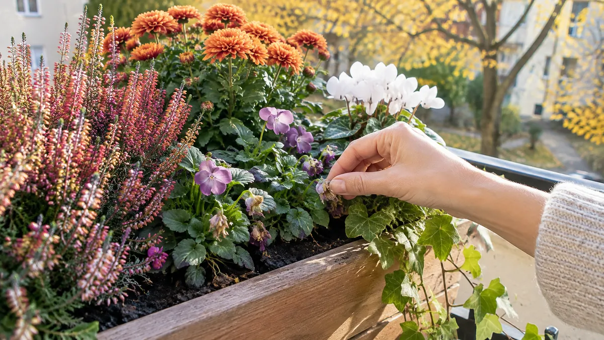 Hand zupft eine verblühte Blüte aus Hornveilchen in einem Balkonkasten mit Heide, Chrysantheme und Alpenveilchen