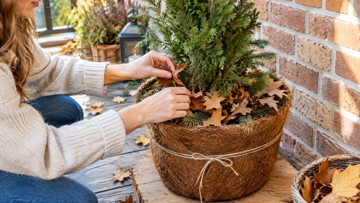 Mit Kokosmatte umwickelter Pflanzkübel auf einem Holzbrett, die Erde ist mit Laub und Tannenzweigen abgedeckt
