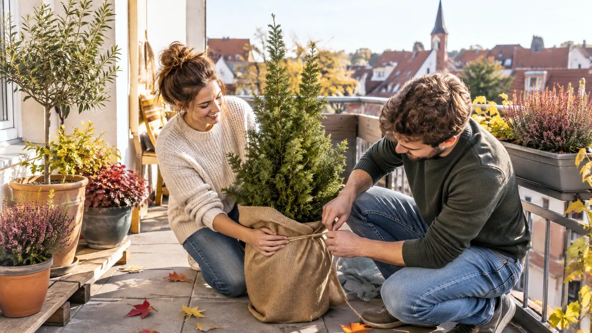 Paar wickelt auf einem herbstlichen Balkon einen Pflanzkübel mit immergrünem Strauch in Jutestoff ein