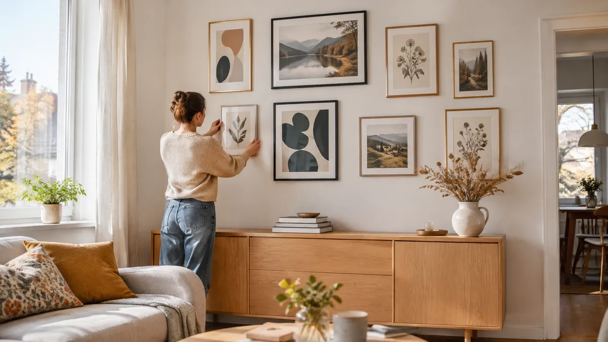 Bilderwand in Petersburger Hängung mit Rahmen in Schwarz, Eiche und Messing über einem hellen Sideboard