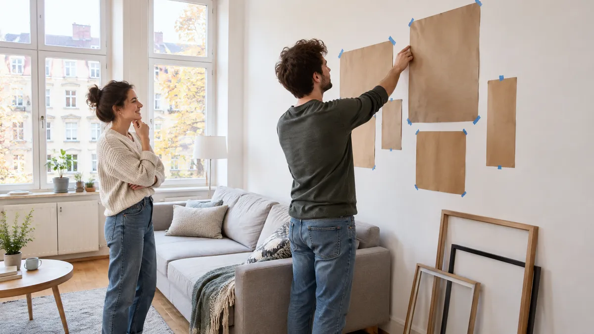 Paar klebt Papierschablonen in verschiedenen Größen mit Malerkrepp an die Wand über einem grauen Sofa
