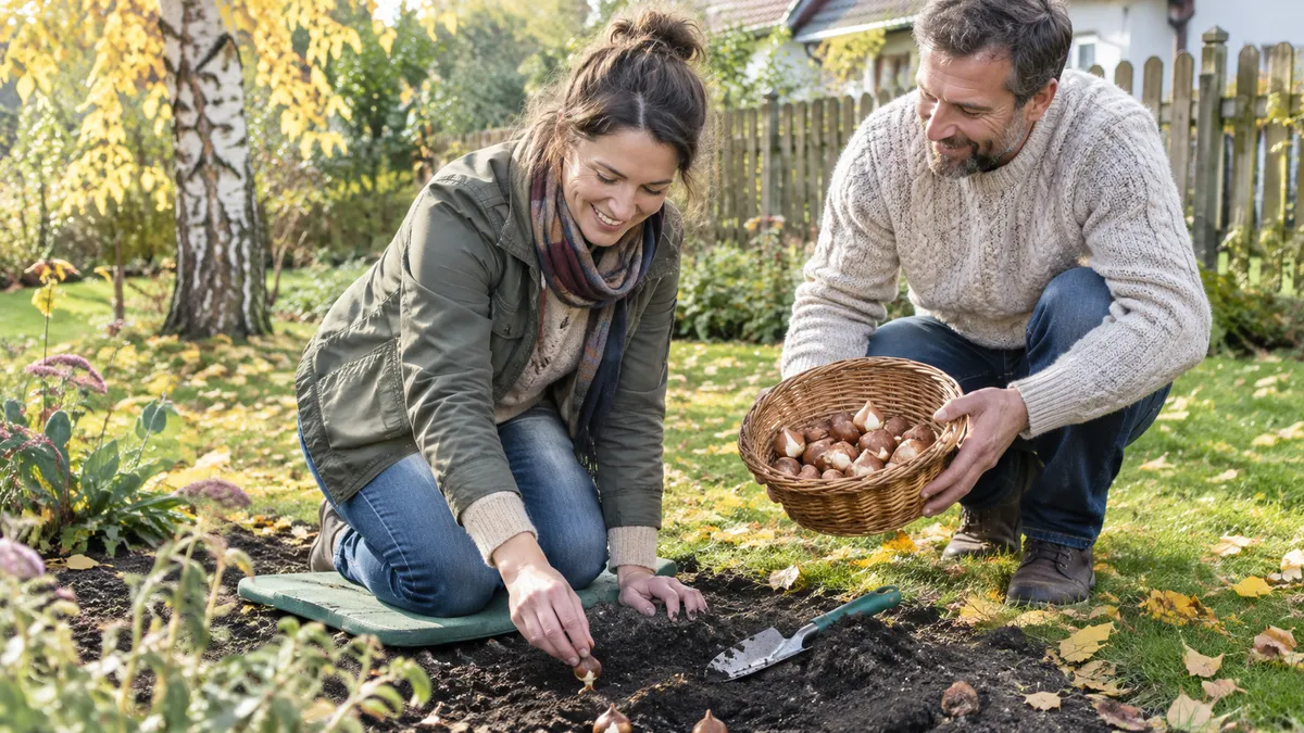 Frau kniet in einem herbstlichen Gartenbeet und setzt Tulpenzwiebeln in die Erde, ein Mann reicht ihr einen Korb