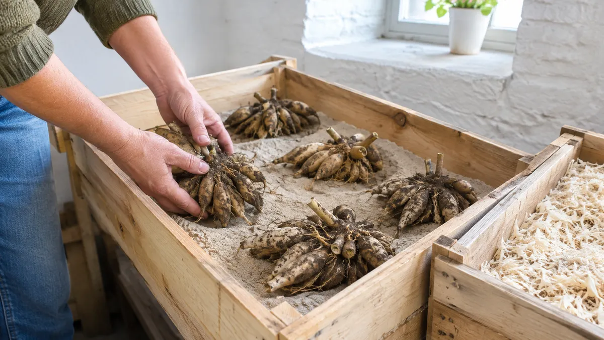 Hände betten Dahlienknollen in eine Holzkiste mit hellem Sand, daneben steht eine zweite Kiste mit Holzspänen