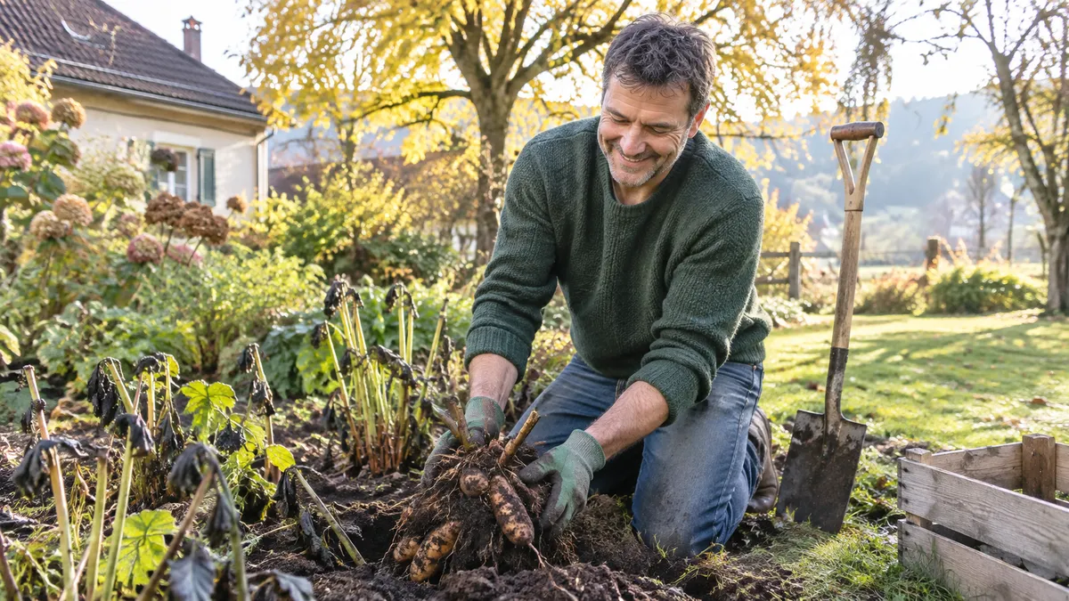 Mann kniet im herbstlichen Garten und hebt einen frisch ausgegrabenen Dahlien-Knollenstock aus der gelockerten Erde
