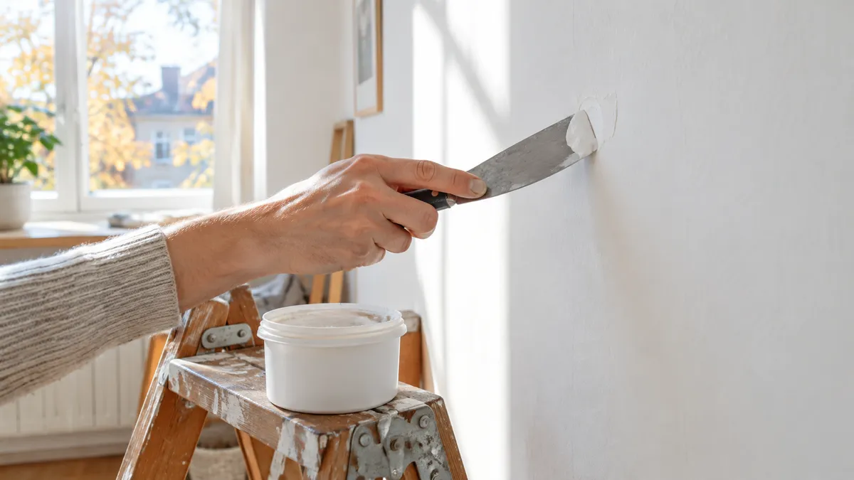 Hand drückt mit einem schmalen Spachtel weiße Spachtelmasse in ein rundes Dübelloch in einer weißen Wand