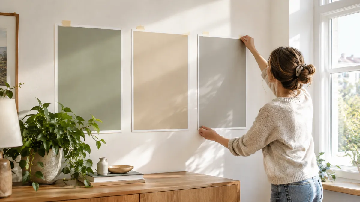 Drei große Farbmuster in Salbeigrün, Sand und Greige hängen mit Malerkrepp an einer weißen Wand im Morgenlicht