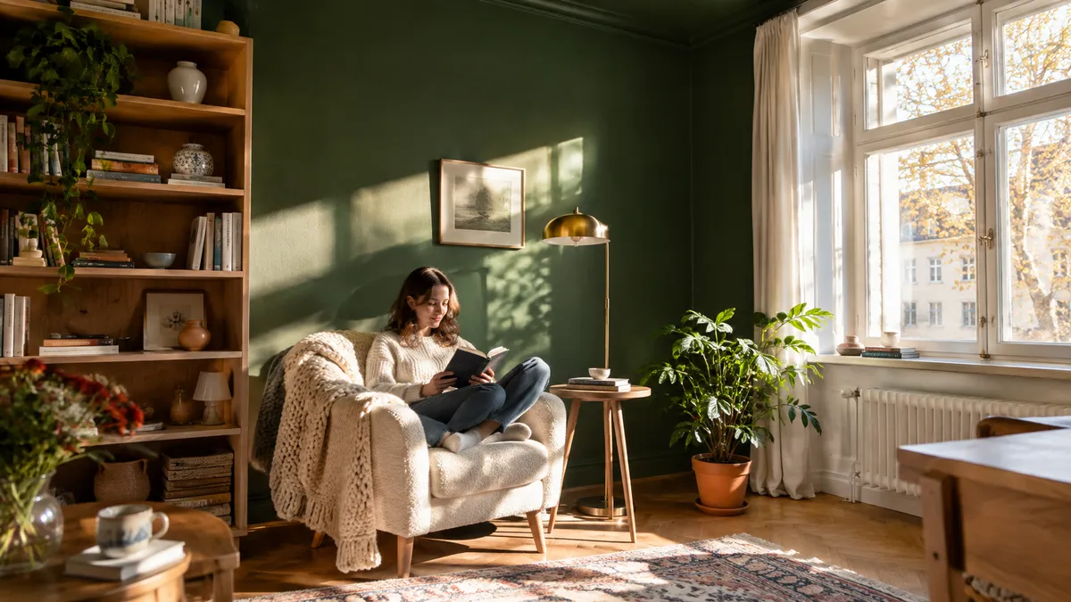 Kleines Lesezimmer mit dunkelgrünen Wänden und Decke, cremefarbenem Sessel, Holzregal und Sonnenlicht vom Fenster