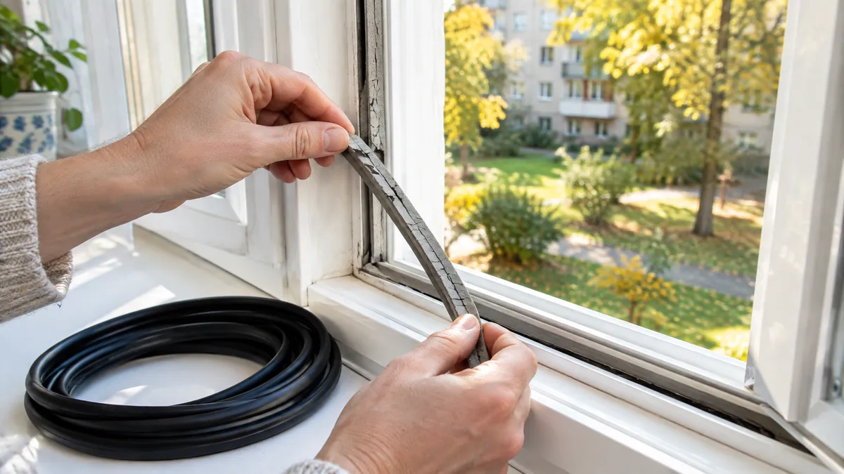 Hände ziehen eine alte, rissige Gummidichtung aus der Nut eines geöffneten weißen Fensterflügels