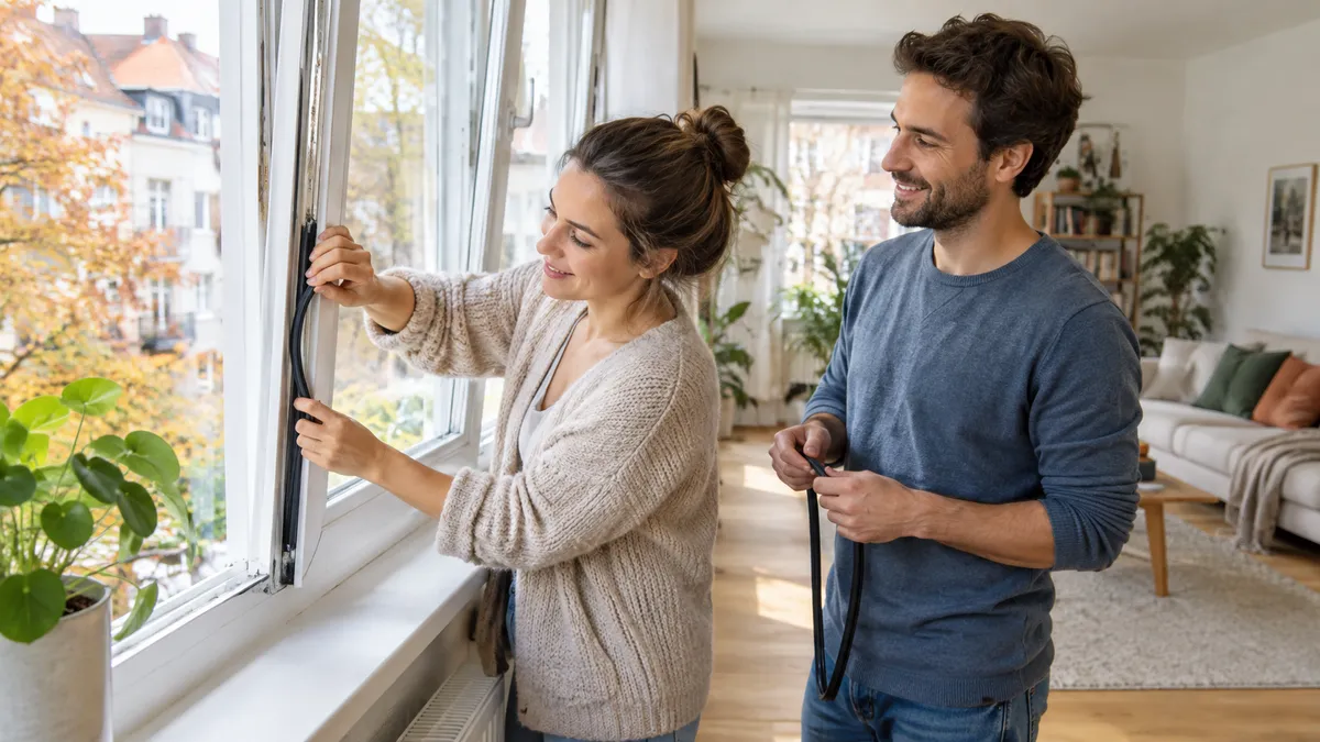 Frau drückt ein neues Dichtprofil auf den Rahmen eines geöffneten Fensters, ihr Partner hält das Ende des Bandes
