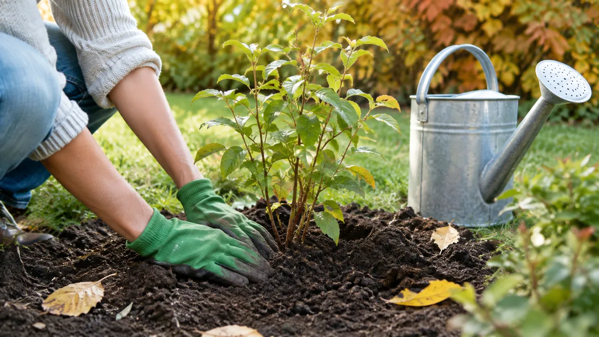 Hände in Gartenhandschuhen drücken lockere Erde um einen frisch gepflanzten jungen Strauch an, daneben eine Gießkanne