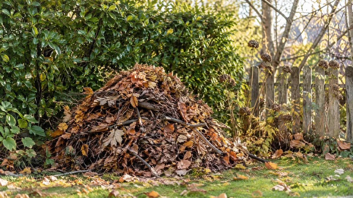Lockerer Haufen aus Ästen, Zweigen und trockenem Herbstlaub in einer ruhigen Gartenecke unter einer Hecke