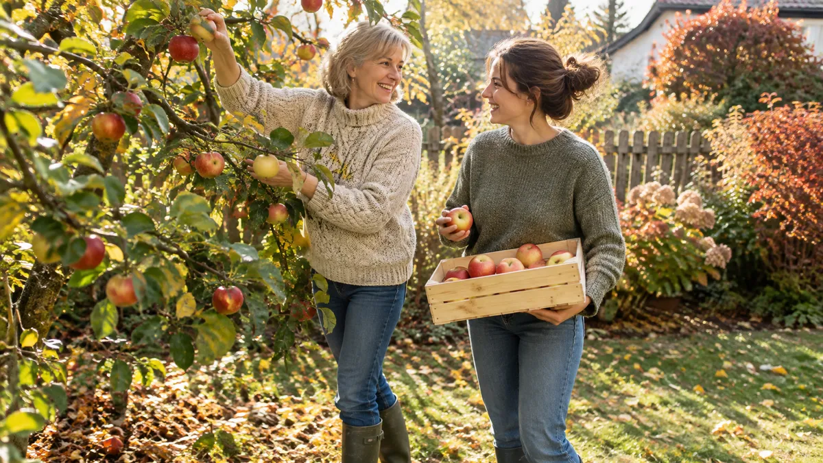Mutter und erwachsene Tochter pflücken im sonnigen Herbstgarten Äpfel von einem niedrigen Baum in eine Holzkiste