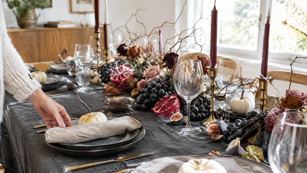 Herbstlich gedeckter Tisch mit dunkler Leinendecke, Granatäpfeln, Trauben, weißen Mini-Kürbissen und Messingkerzenhaltern