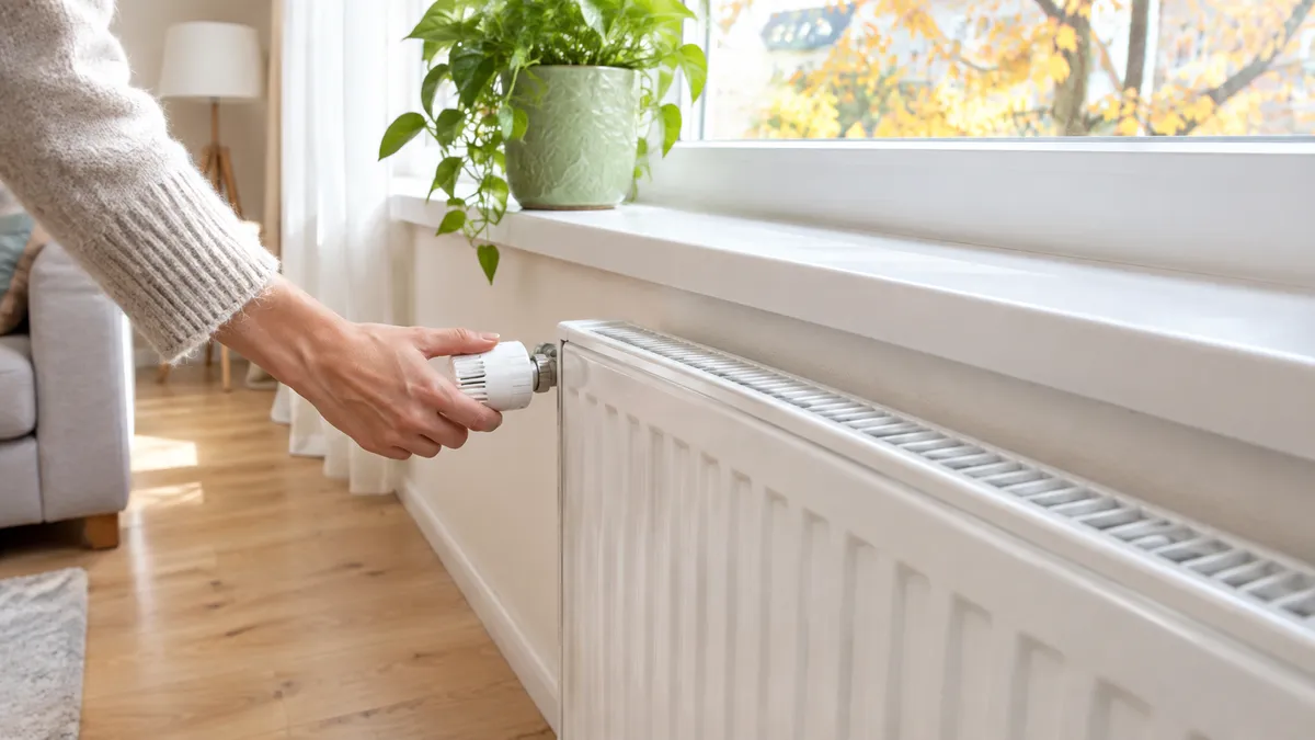 Hand dreht den weißen Thermostatkopf an einem Heizkörper unter dem Fenster etwas herunter
