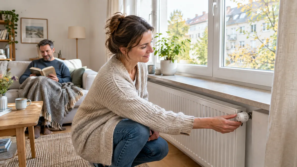 Frau stellt das Thermostat am freien Heizkörper ein, ihr Partner liest auf dem Sofa unter einer Wolldecke