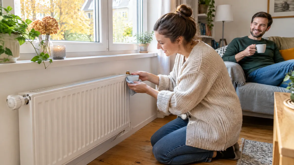 Frau kniet neben einem weißen Heizkörper unter dem Fenster und hält ein Tuch unter das Entlüftungsventil