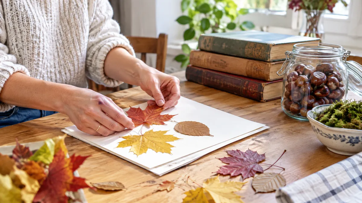Gepresste Ahorn- und Buchenblätter zwischen Papier und alten Büchern, daneben ein Glas mit Kastanien und eine Schale Moos