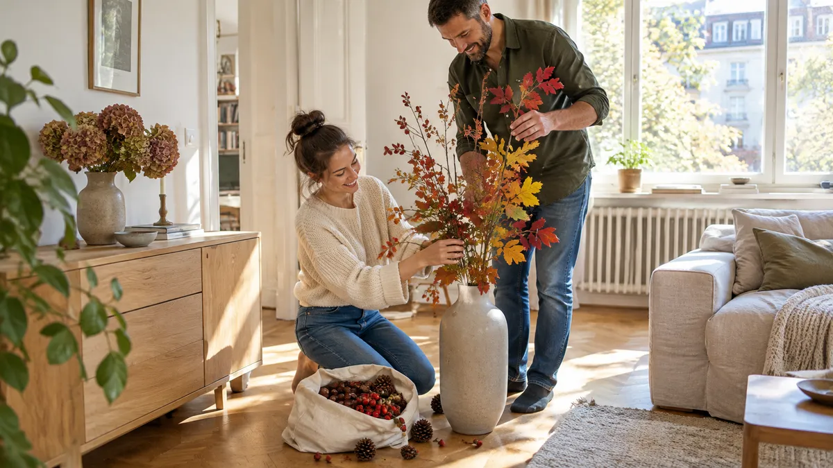 Paar stellt einen großen Zweig mit buntem Herbstlaub in eine Bodenvase, daneben ein Beutel mit Kastanien und Zapfen