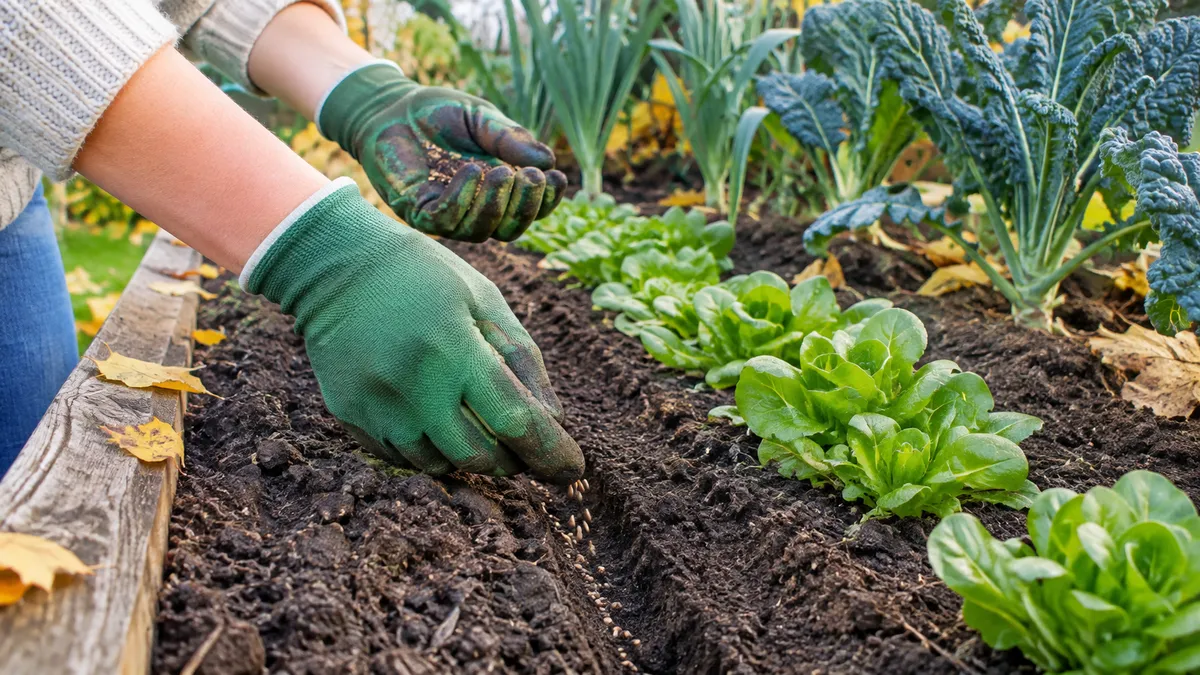 Hände in Gartenhandschuhen säen Feldsalat in eine flache Rille im Hochbeet, daneben stehen Grünkohl und Lauch