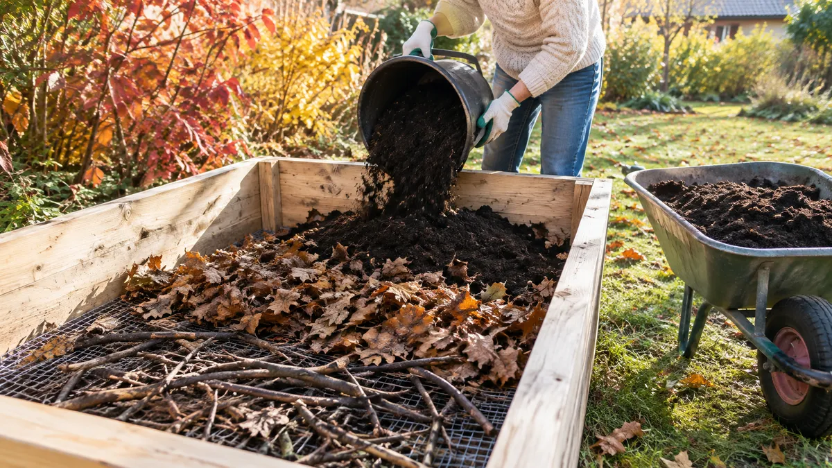 Neues Holzhochbeet wird mit Ästen, Laub und Kompost befüllt, am Boden liegt ein verzinktes Drahtgitter