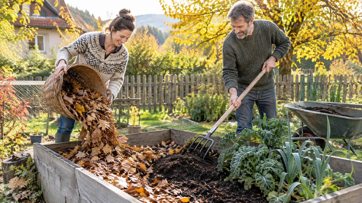 Paar füllt im Herbstgarten ein Holzhochbeet mit Laub und Kompost auf, daneben eine Schubkarre mit dunklem Kompost