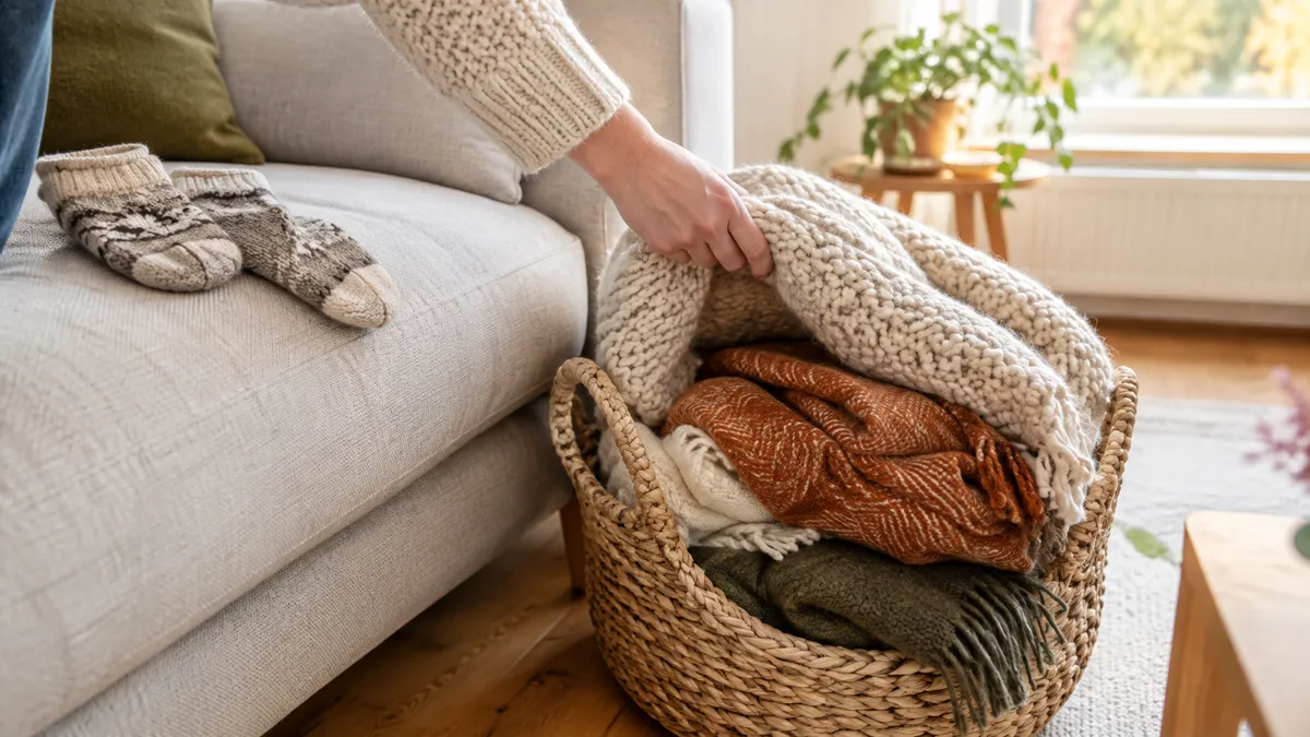 Hand zieht eine grob gestrickte Wolldecke aus einem geflochtenen Korb neben einem hellen Sofa