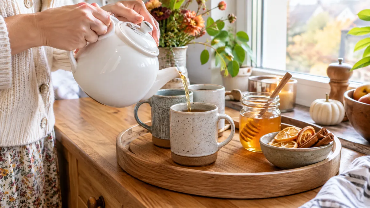 Hände gießen Tee aus einer Kanne in eine Steinguttasse, daneben ein Holztablett mit Tassen, Honig und Zimtstangen