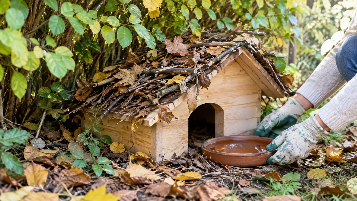 Igelhaus aus unbehandeltem Holz unter einer Hecke, mit Reisig bedeckt, daneben eine flache Schale mit Wasser