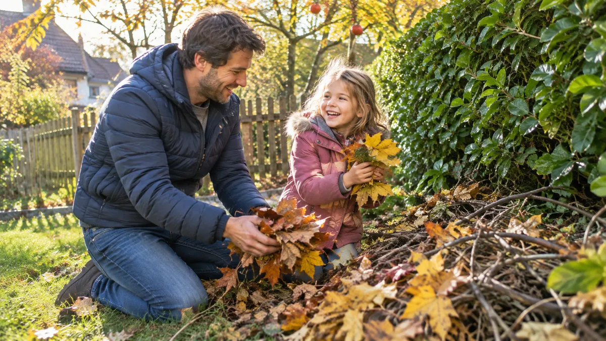 Vater und Tochter häufen in einem herbstlichen Garten Laub auf einen lockeren Reisighaufen unter einer Hecke