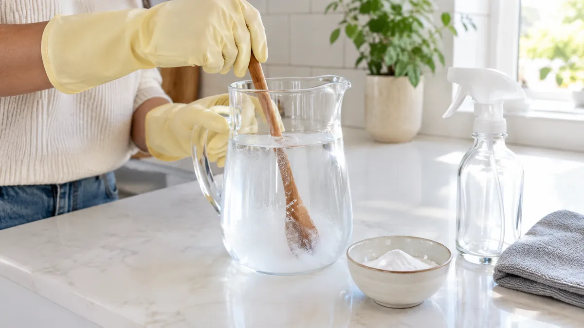 Hände in Haushaltshandschuhen rühren weißes Zitronensäurepulver in eine Glaskanne mit Wasser, daneben eine Sprühflasche