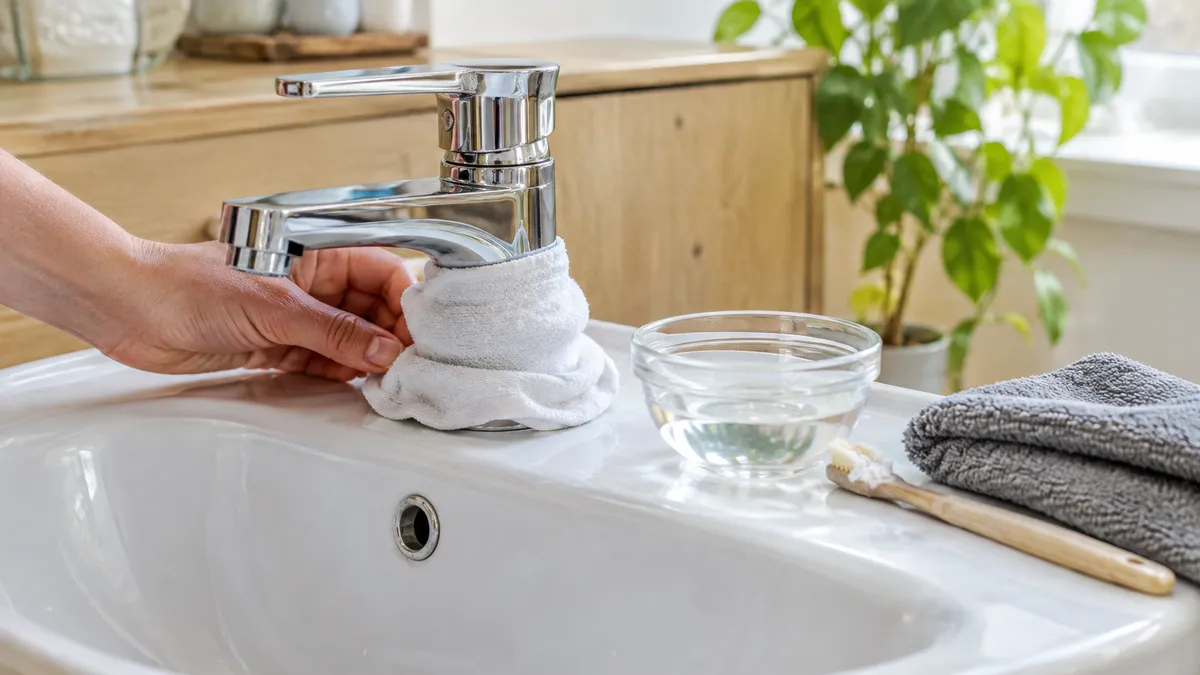 Wasserhahn aus Chrom, am Fuß mit einem feuchten weißen Tuch umwickelt, daneben eine Glasschale und eine alte Zahnbürste