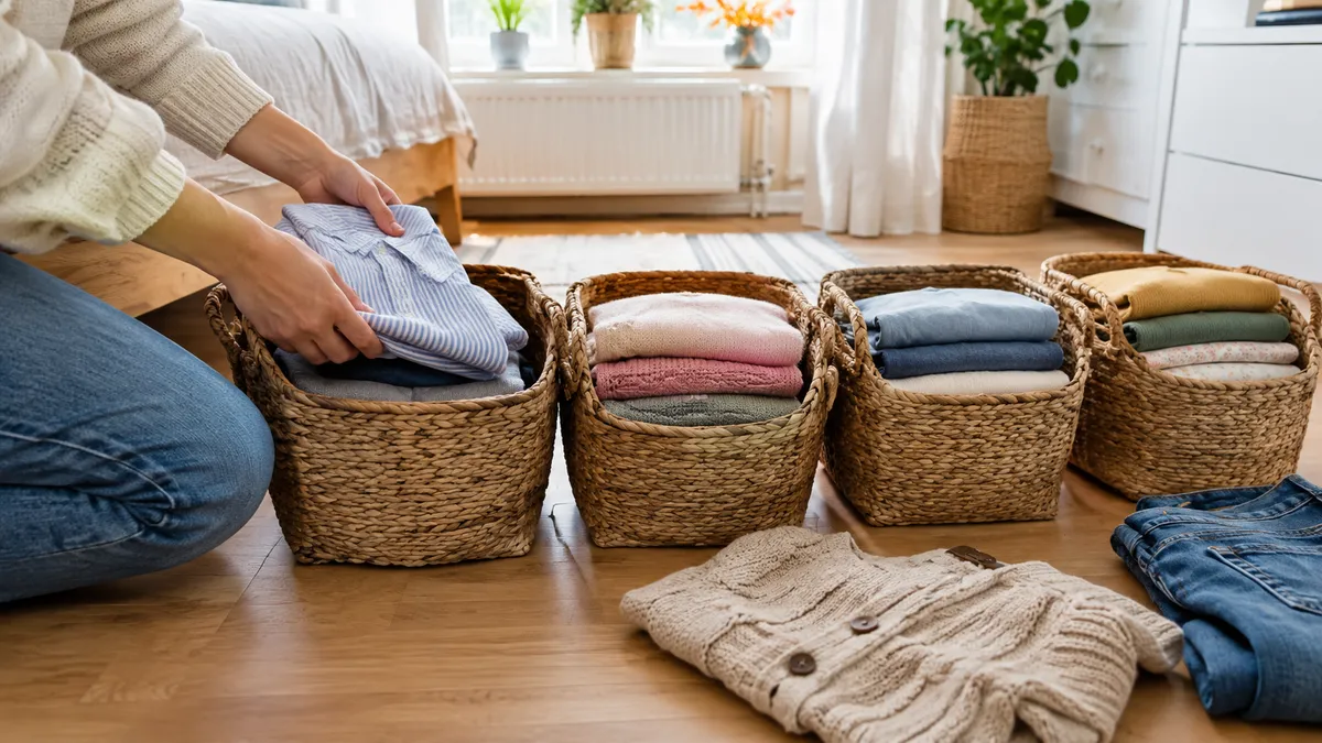 Vier offene Körbe mit sortierter Kleidung auf dem Schlafzimmerboden, Hände legen ein gefaltetes Shirt hinein