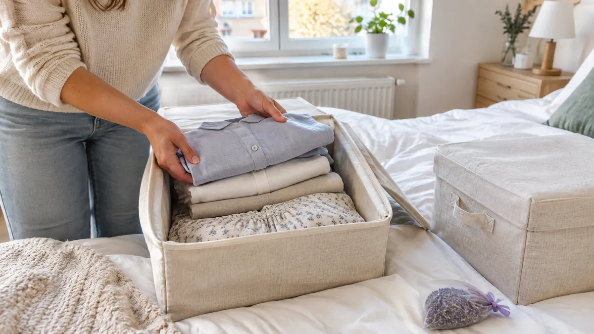 Hände legen gefaltete Leinenhemden und ein Sommerkleid in eine offene Aufbewahrungsbox aus Stoff