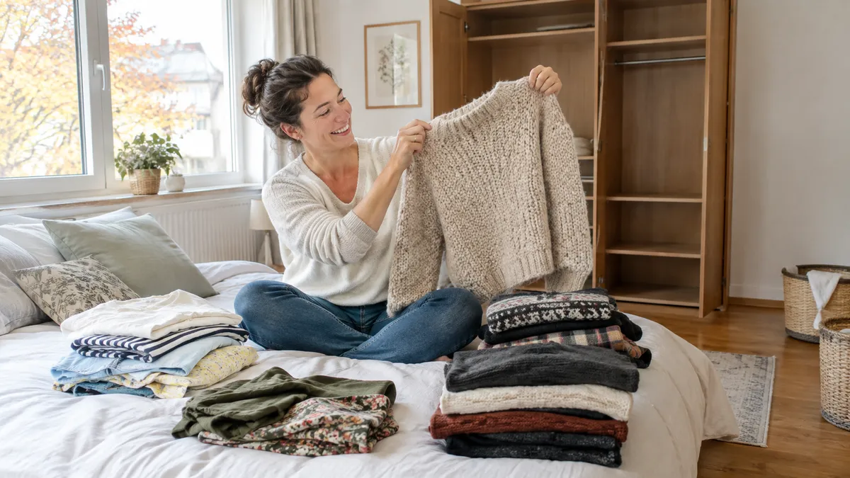 Frau hält lachend einen Strickpullover hoch, während sie auf dem Bett eines hellen Schlafzimmers Kleidung sortiert