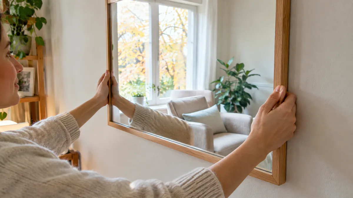 Großer Wandspiegel mit schmalem Holzrahmen gegenüber einem Fenster, der Tageslicht und herbstliche Bäume spiegelt
