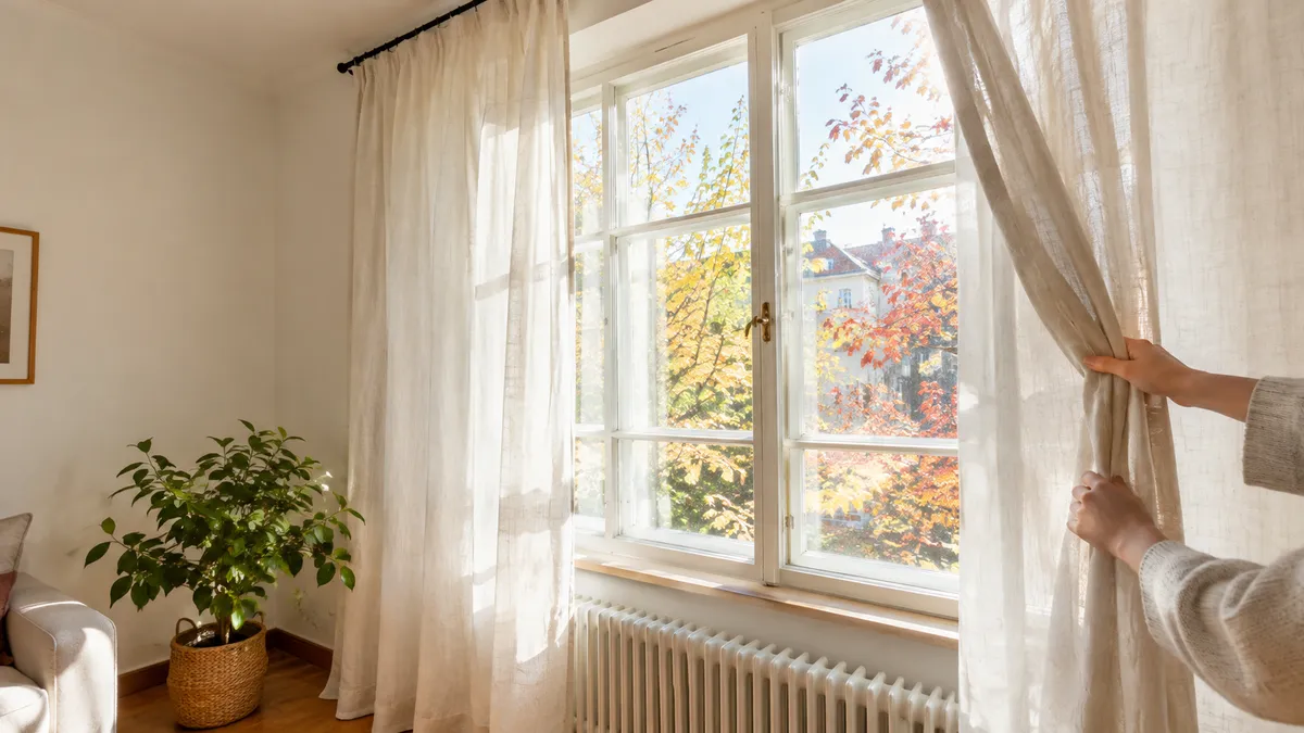 Helle Leinenvorhänge an einer Stange knapp unter der Decke, die seitlich weit über den Fensterrahmen hinausreicht