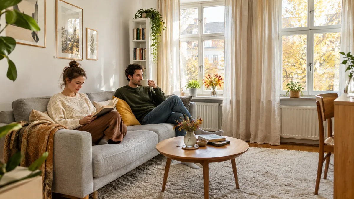 Paar entspannt im kleinen, hellen Wohnzimmer mit Sofa auf Beinen, großem Teppich und bodenlangen Vorhängen