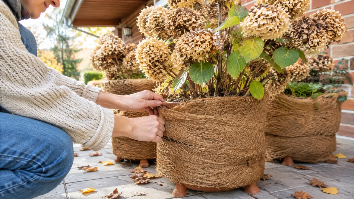 Hände wickeln eine Kokosmatte um den Kübel einer Hortensie, der auf Holzfüßen an einer Hauswand steht
