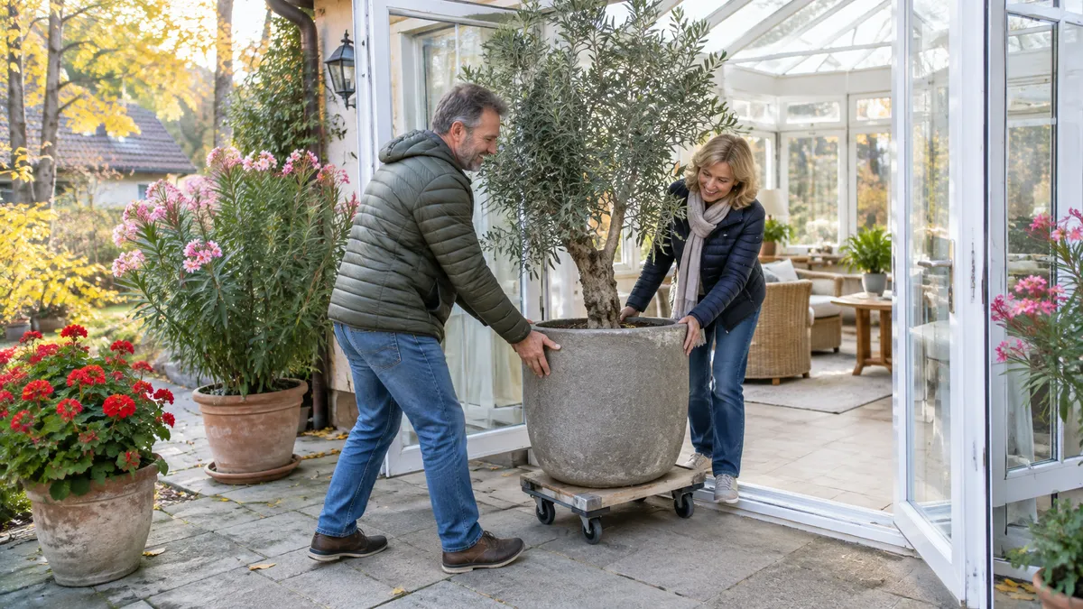 Paar rollt einen großen Olivenbaum im Kübel auf einem Pflanzenroller in einen hellen, unbeheizten Wintergarten