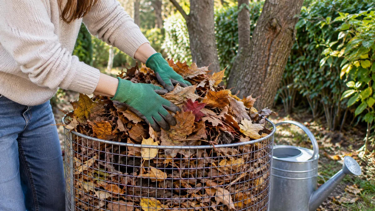 Hände in Gartenhandschuhen drücken buntes Herbstlaub in einen runden Behälter aus Maschendraht im Halbschatten