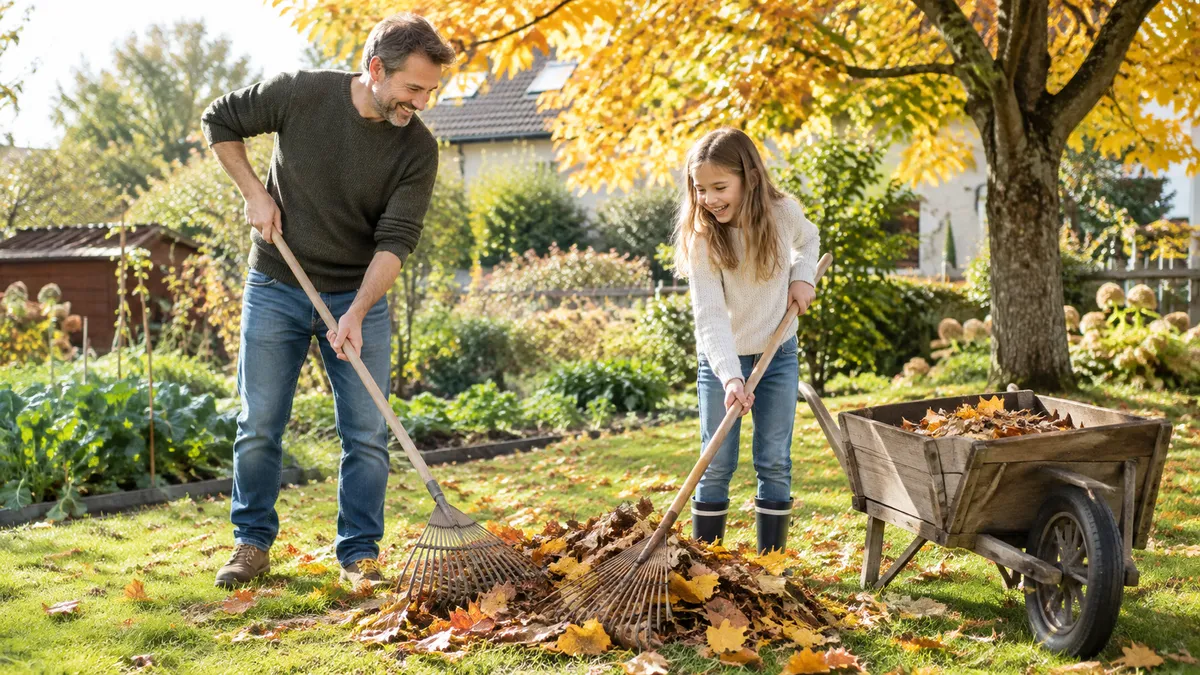 Vater und Tochter rechen im sonnigen Herbstgarten buntes Laub zu einem Haufen, daneben eine Schubkarre voller Blätter