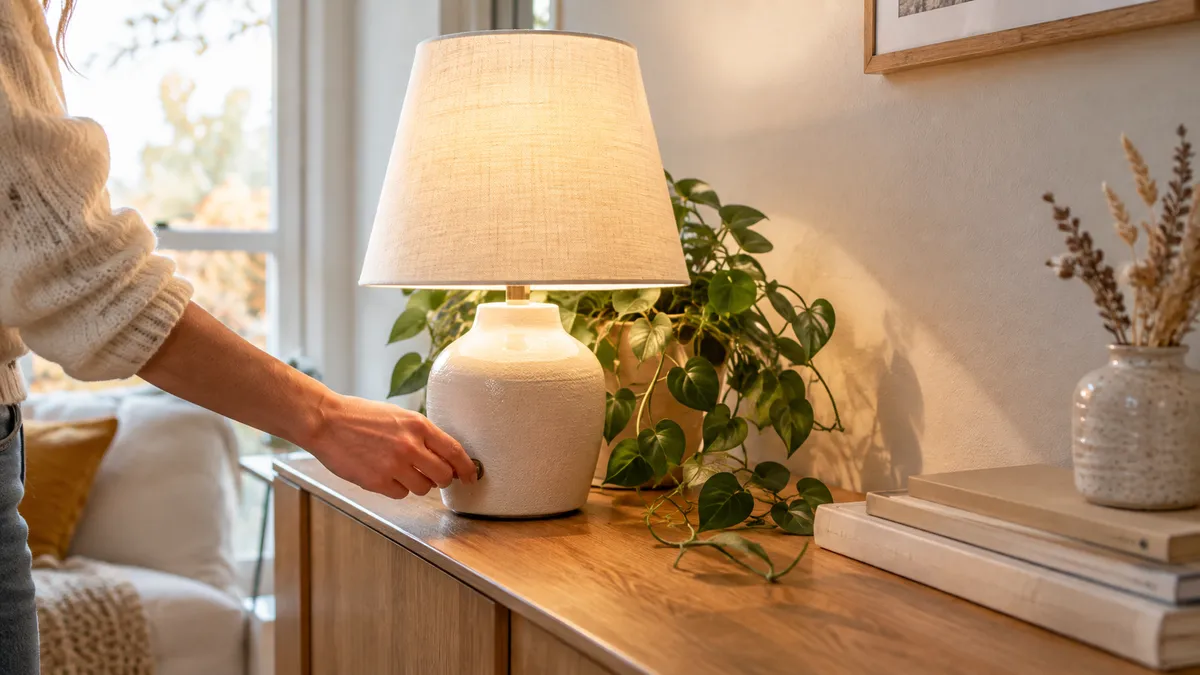 Hand schaltet eine Tischleuchte mit Leinenschirm auf einem Sideboard aus Eiche neben Pflanze und Büchern ein