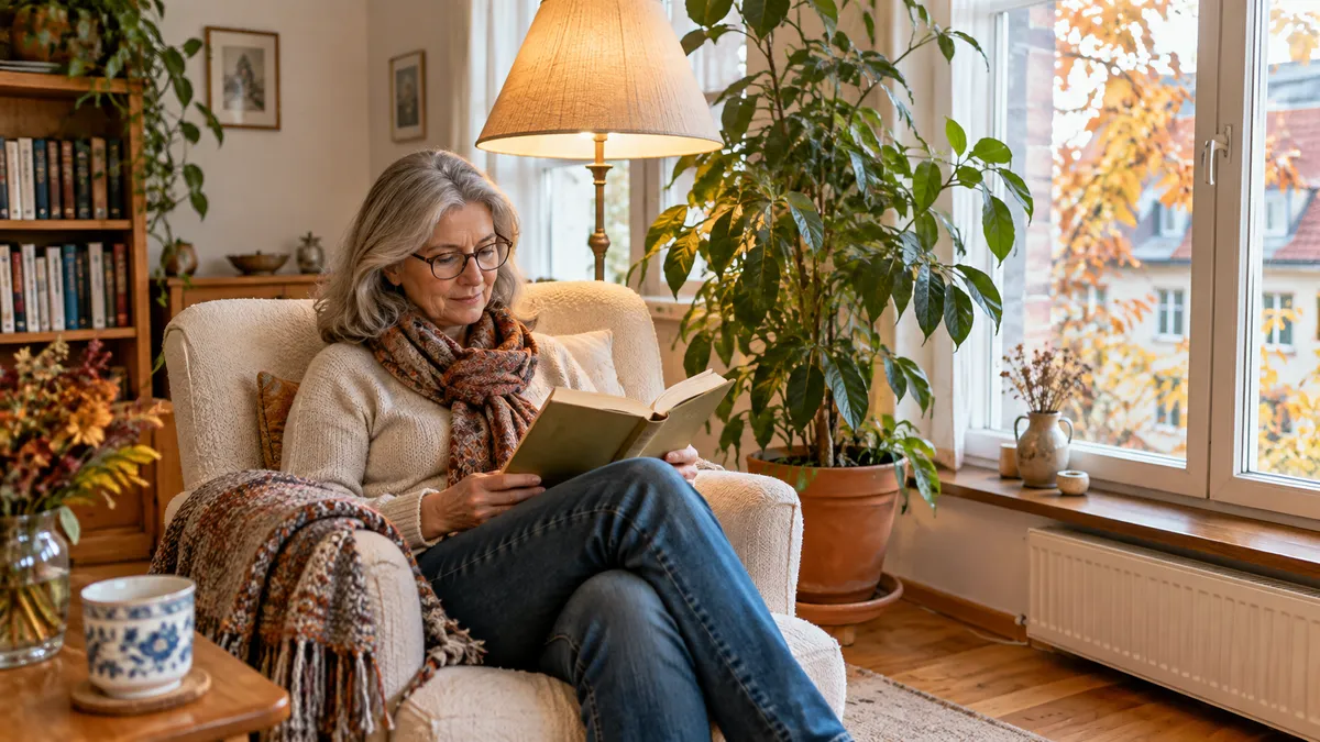 Frau liest im Sessel, eine Stehleuchte mit Stoffschirm steht schräg hinter ihr und beleuchtet das Buch