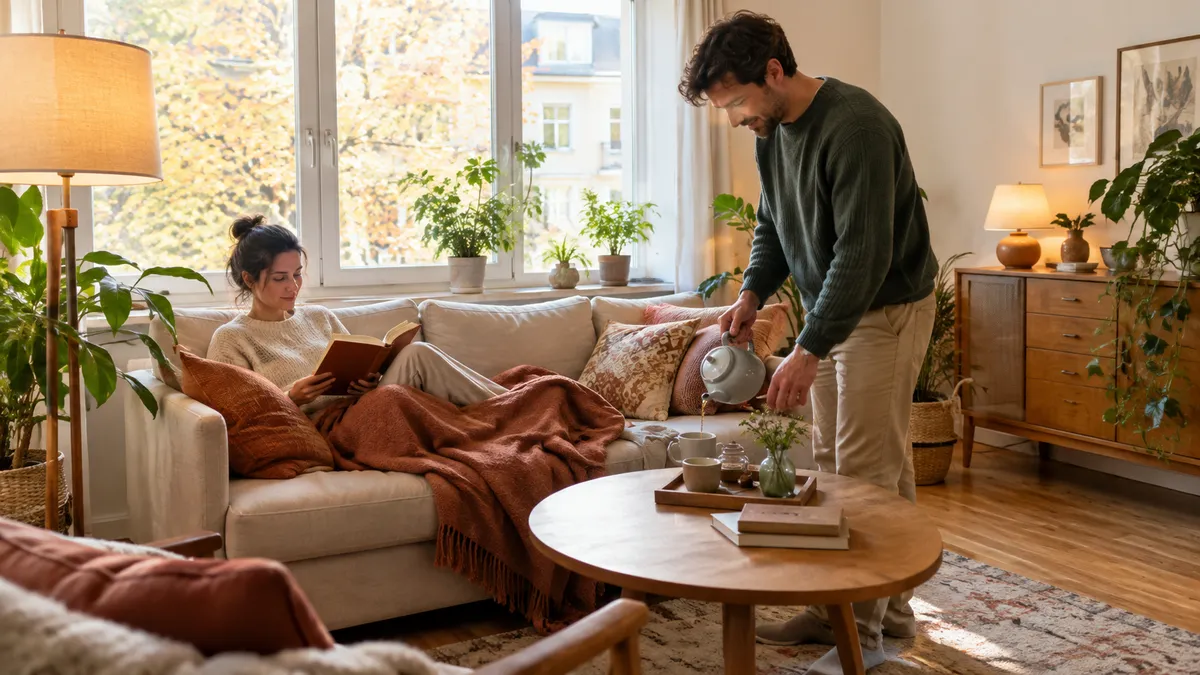 Paar entspannt am späten Nachmittag im Wohnzimmer, Stehleuchte und Tischleuchte geben warmes Licht