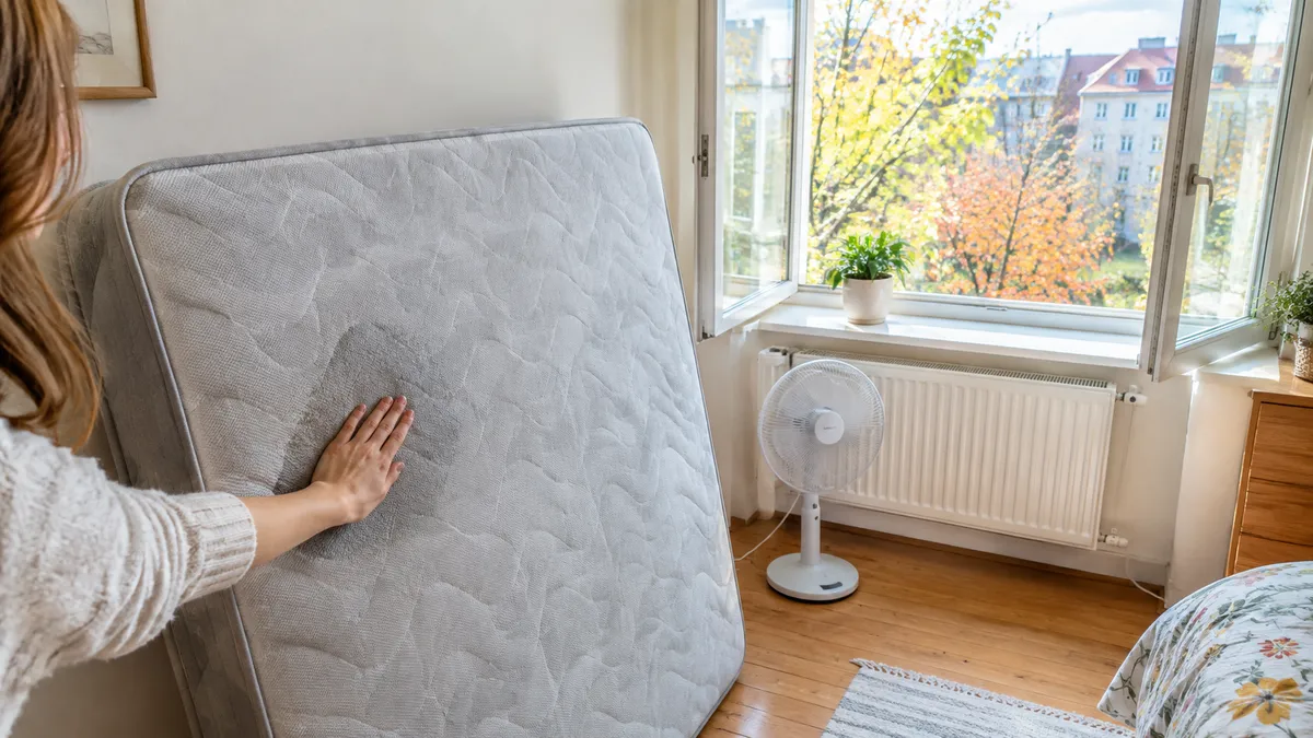 Matratze steht zum Trocknen hochkant neben einem offenen Fenster, eine Hand prüft eine gereinigte Stelle