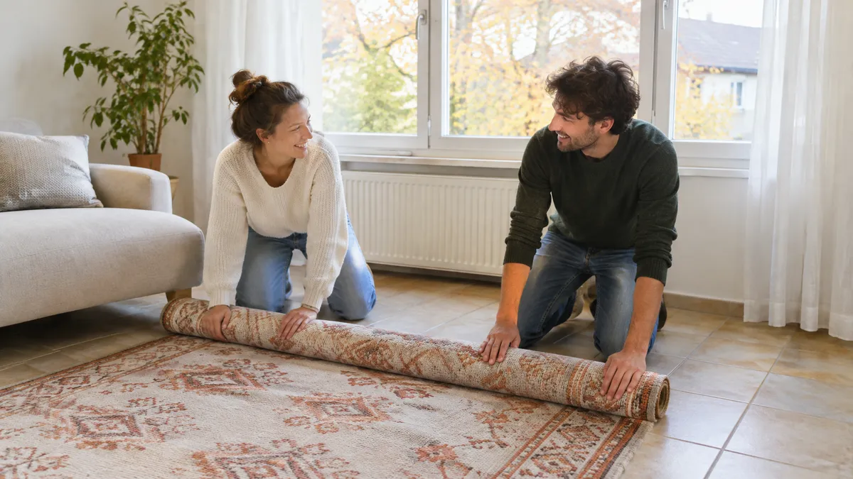 Paar rollt einen großen, hellen Wollteppich über einem älteren beigen Fliesenboden im Wohnzimmer aus