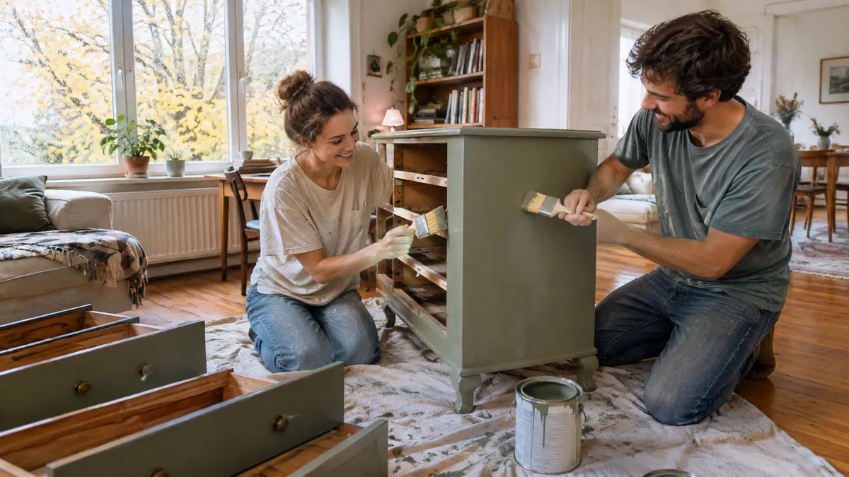 Paar streicht in einem hellen Zimmer eine alte Holzkommode mit salbeigrüner Kreidefarbe, die Schubladen liegen daneben