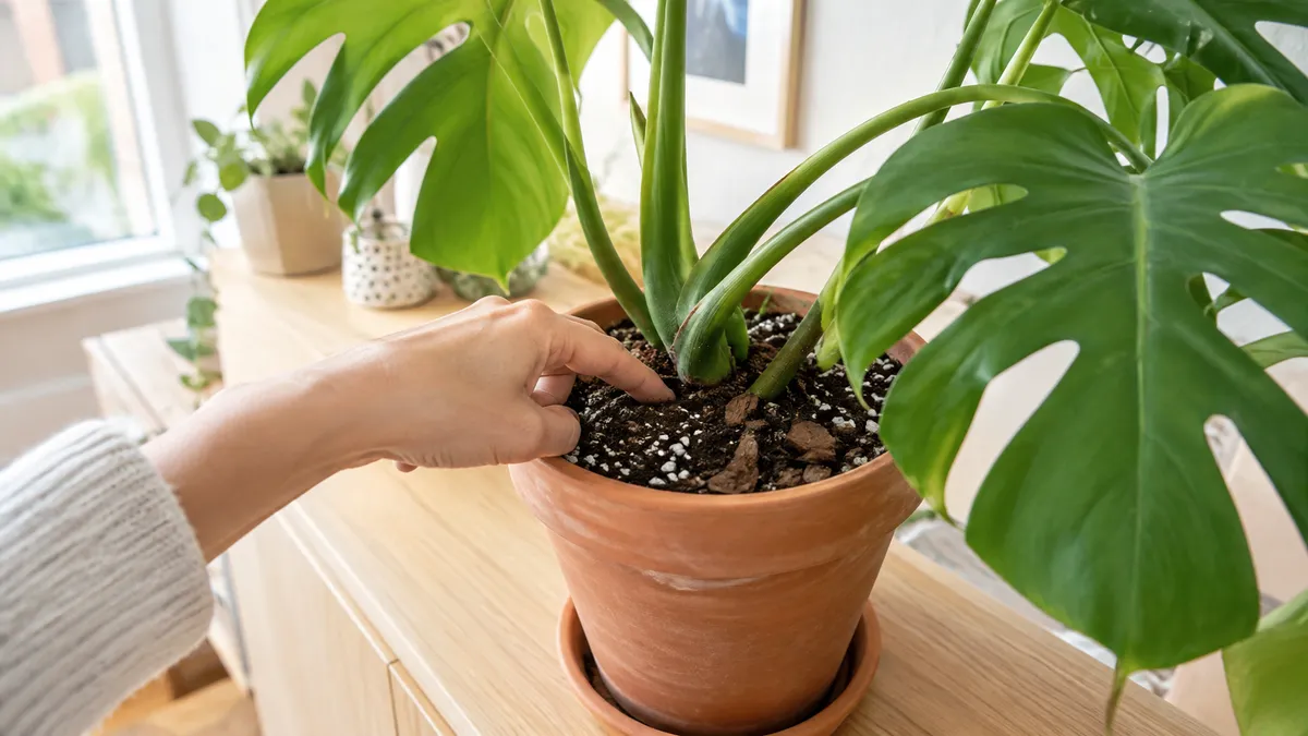 Finger prüft die lockere Erde einer Monstera im Tontopf, in der Erde sind Rindenstücke und Perlite zu sehen