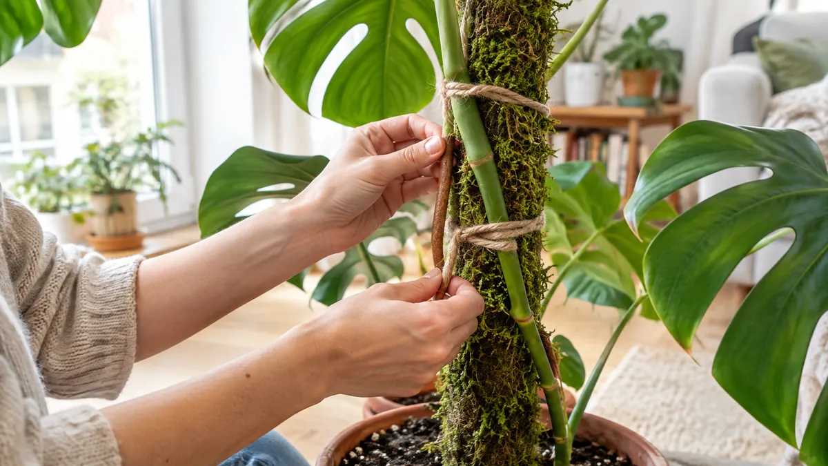 Hände leiten eine Luftwurzel der Monstera an einen Moosstab, der Stamm ist locker mit Jutegarn angebunden